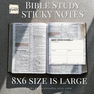 May include: Open Bible with a white sticky note overlay. The sticky note is labeled "Bible Study Notes" and has sections for key verses and key points. Text on the Bible reads "8x6 Size is Large."
