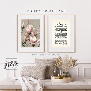 Corinthians 13, Love Is Christian Wall Art, Bible Verse Wall Art Set of 2, Digital Download Pink Aesthetic  Decor, Cute Trendy Pink Flowers
