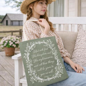 Inspirational Quote Tote Bag, Religious Scripture Canvas Bag, Floral Wreath Design