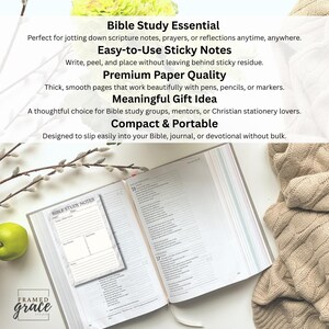 May include: An open Bible with a sticky note pad labeled "Bible Study Notes" is displayed. The pad is placed on the left page of the Bible. Text on the image reads "Bible Study Essential" and "Compact & Portable". A green apple and a beige blanket are also visible.