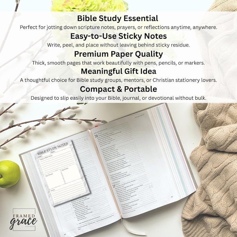 May include: An open Bible with a sticky note pad labeled "Bible Study Notes" is displayed. The pad is placed on the left page of the Bible. Text on the image reads "Bible Study Essential" and "Compact & Portable". A green apple and a beige blanket are also visible.