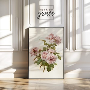 Arte de pared imprimible de rosas de campo, arte de pared de naturaleza muerta, decoración de pared de rosas rosadas, descarga instantánea, arte de pared vintage de galería, regalo para ella