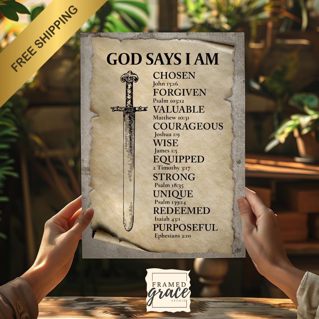 God Says I Am; Sword Bible Verses Wall Art, Christian Mens Decor ...
