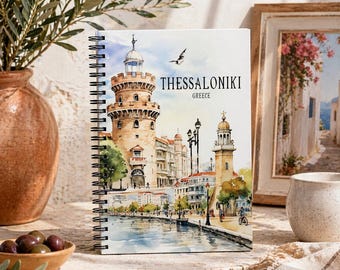Cuaderno de Tesalónica, Grecia, diario de viaje, cuaderno de bocetos de ciudades griegas, recuerdo de Grecia, cuaderno de espiral