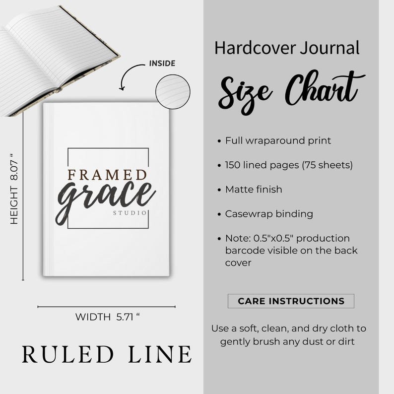 Puede incluir: Un diario de tapa dura blanco con el texto "FRAMED grace STUDIO" y "RULED LINE". El diario mide 20,5 cm de alto y 14,5 cm de ancho. La tabla de tallas incluye 150 p&aacute;ginas rayadas y un acabado mate.
