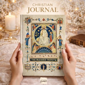 May include: A hardcover Christian journal with the text "CHRISTIAN JOURNAL" at the top. The cover features an illustration of Jesus and other figures, with the words "THE BLESSED TRINITY" below. The journal is held by hands.