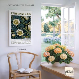 Ephesians 2:8 Scripture Wall Art, Floral Bible Verse Canvas Print, Christian Home Decor, Inspirational Faith Gift, Canvas Wrap