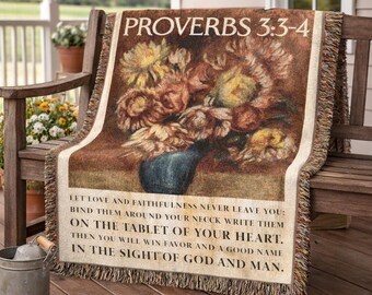 Proverbs 3:3-4 Christian Woven Blanket, Religious Tapestry Throw