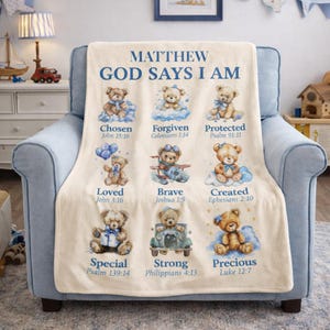 Personalized Christian Baby Blanket, Teddy Bear Scripture, Teddy Bear Scripture Blanket, Name Nursery Throw, Baptism Gift