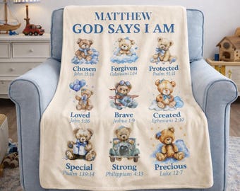 Personalized Christian Baby Blanket, Teddy Bear Scripture, Teddy Bear Scripture Blanket, Name Nursery Throw, Baptism Gift