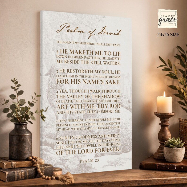 Puede incluir: Un lienzo rectangular para pared que presenta el texto del Salmo 23 en letras marrones sobre un fondo claro con una ilustraci&oacute;n tenue de ovejas. El texto incluye el t&iacute;tulo Salmo de David y los vers&iacute;culos del 1 al 6. El lienzo indica tama&ntilde;o 24x36.