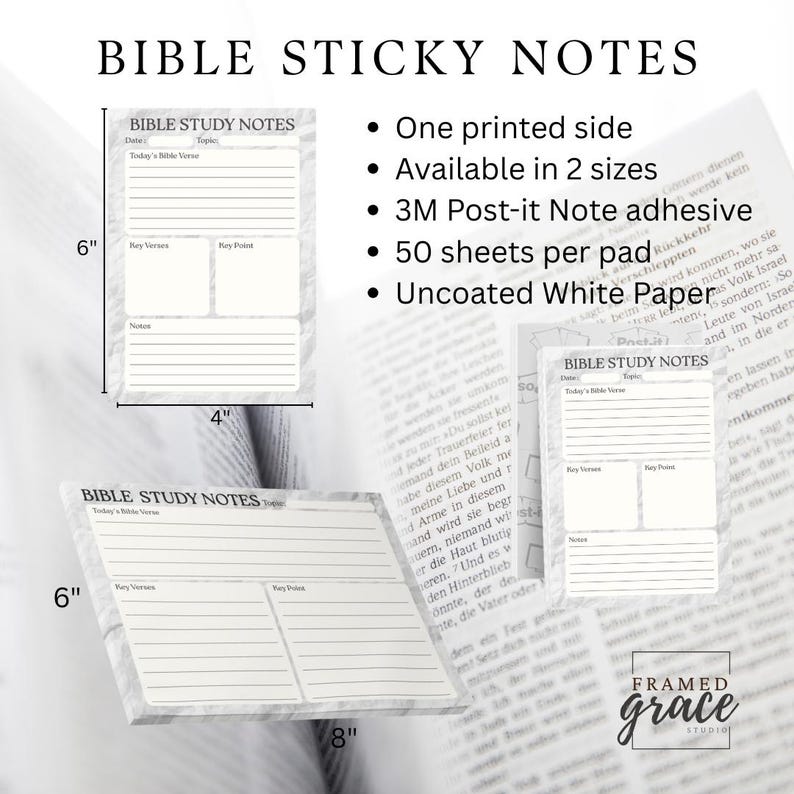 May include: Bible study sticky notes with a marble design. The notes are 6 inches by 4 inches and 8 inches by 6 inches. Each pad has 50 sheets and uses 3M Post-it Note adhesive. The text on the notes reads "Bible Study Notes".