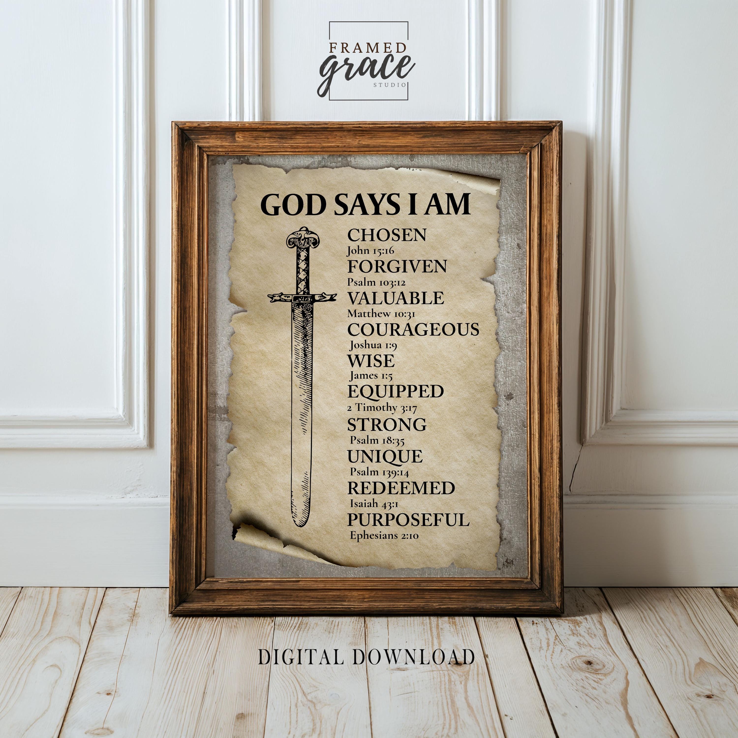 God Says I Am; Sword Bible Verses Wall Art, Christian Men’s Decor ...