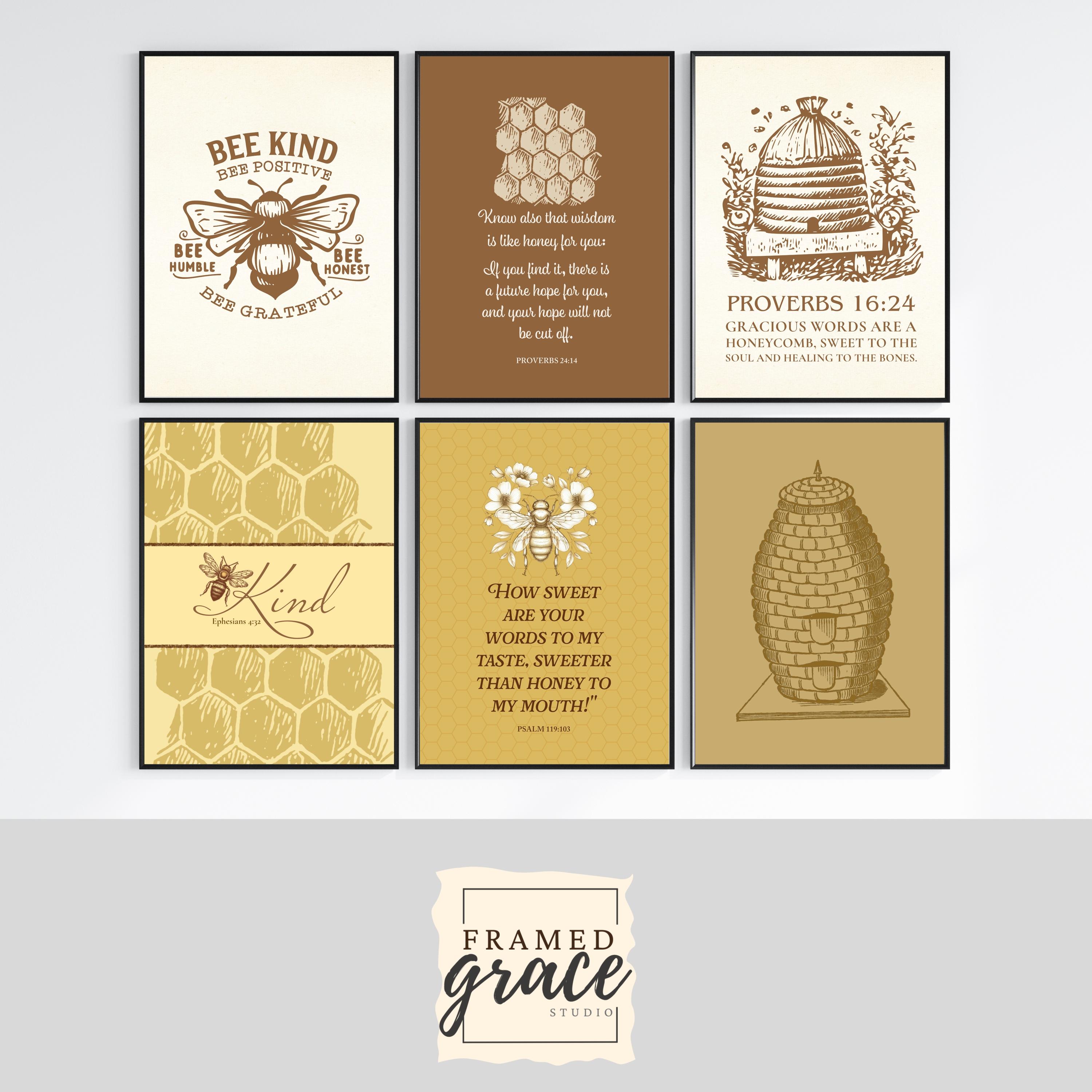 Bee Kind Print Set, Honeycomb Wall Art, Inspirational Bee Decor ...