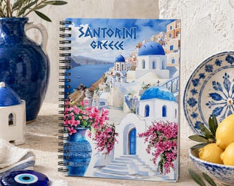 Cuaderno espiral de Santorini, Grecia, regalo para amantes de los diarios, cuaderno de viaje, planificador de Santorini, diario, bloc de notas, diario de vacaciones