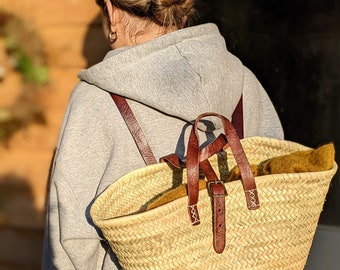 French Market Basket Backpack, Adjustable Leather Straps, Straw Beach Bag, Artisan, Market Basket Hipster, Rucksack, Handmade backpack