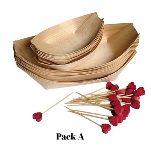 May include: Pack of disposable wooden bowls with red heart-shaped toothpicks. The bowls are stacked in a boat shape. Pack A.
