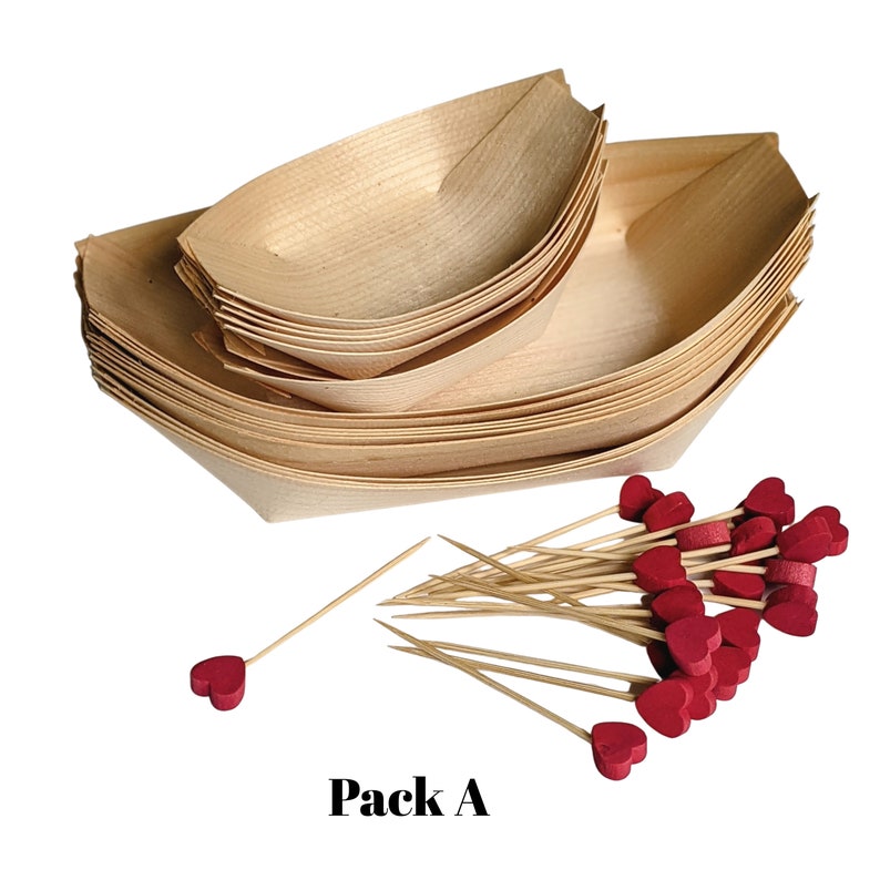 May include: Pack of disposable wooden bowls with red heart-shaped toothpicks. The bowls are stacked in a boat shape. Pack A.