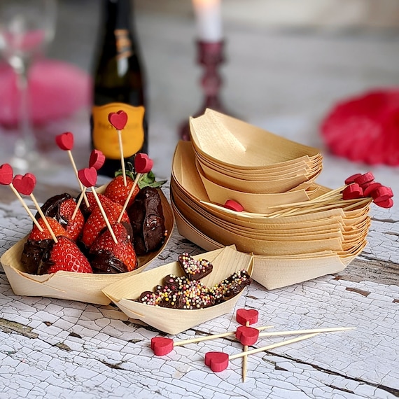 Canapé Wedding Party Pack • Bamboo Heart Skewers and Cocktail Sticks + Wooden Dishes • Eco Friendly • Biodegradeable Tableware • Valentine