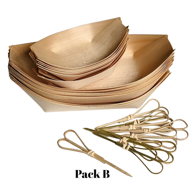 May include: Pack B of disposable wooden bowls with a stack of 12 bowls and 12 bamboo skewers with a loop at the end.  The bowls are made of natural wood and are perfect for serving appetizers, desserts, or snacks.
