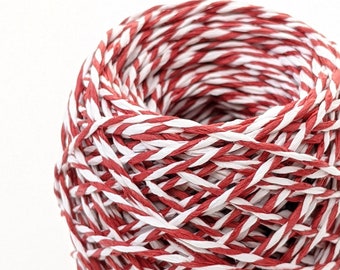 Hilo de papel trenzado rojo y blanco - 50 m / Hilo de panadero / Hilo de bastón de caramelo / Hilo de papel / Papel de regalo ecológico / Papel de regalo navideño