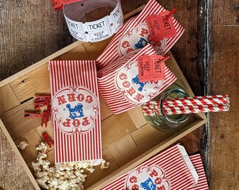 Vintage Circus Popcorn Party Pack, popcorn bags, popcorn boxes, carnival, festival, movie night, party bags