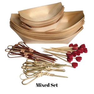 May include: A set of disposable wooden bowls and bamboo skewers with red heart-shaped toppers. The bowls are stacked and the skewers are arranged in a fan shape. The text "Mixed Set" is printed on the bottom of the image.