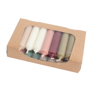 May include: A box of 10 taper candles in assorted colours, including white, pink, green, and brown. The candles are packaged in a clear plastic sleeve.