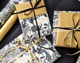 Papel de regalo navideño dorado y negro, 3 m - FSC, reciclable / enrollado a mano / envoltorio de regalo