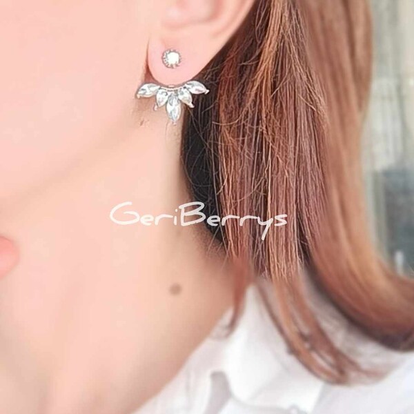 Silver Drop Ear Jackets Zircon Flower Double sided Earrings Front Back studs Gifts for her