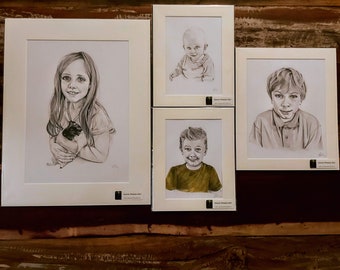 Mounted individual pencil portraits, hand drawn pencil portrait by Annie Power. Custom pencil poprtrait from photo(s)