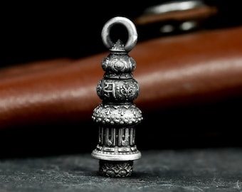 Buddhist Shrine Urn Pendant - Sutra Carved Screw-Bottom Silver Locket