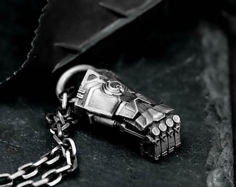 Cybernetic Gauntlet 925Silver Urn Pendant - Futuristic Memorial Jewelry for Ashes - Industrial Keepsake Necklace