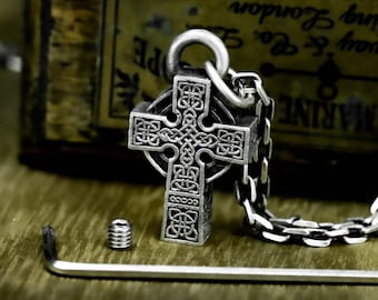 Nordic Celtic Cross Sterling Silver Urn Pendant: Viking Memorial Necklace