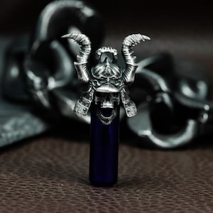 Samurai Skull Urn Pendant - Shogun Helmet Glass Vial Locket