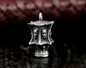 Six Demon Mask Lantern 925Silver Urn Pendant - Occult Memorial Jewelry for Ashes - Haunting Keepsake Necklace