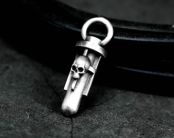 Death Skull Test Tube 925Silver Urn Pendant - Gothic Science Memorial Jewelry for Ashes - Dark Laboratory Keepsake Necklace