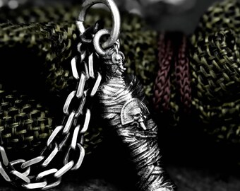 Mummy Pharaoh Urn Silver Pendant - Carved Skull Locket