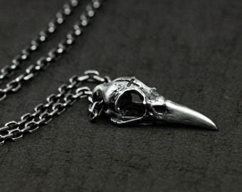 Sterling Silver Raven Skull Necklace: Oxidized Bird Skull Pendant