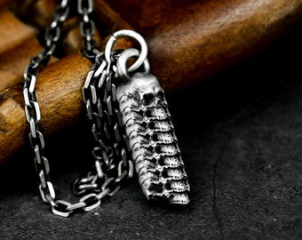 Skull Stack Tower 925Silver Urn Pendant - Gothic Architecture Memorial Jewelry - Macabre Keepsake Necklace
