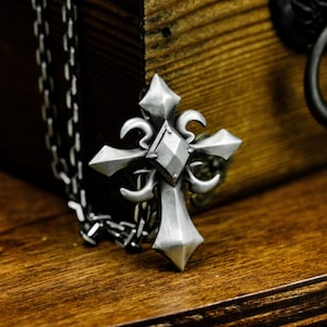 Gothic Dark Cross 925 Silver Pendant Necklace - Diamond Gem Design Court Medieval European Cross Pendant - Handmade Unique Gift