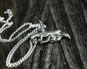 Handmade Oxidized Sterling Silver Unicorn Skull Pendant Necklace