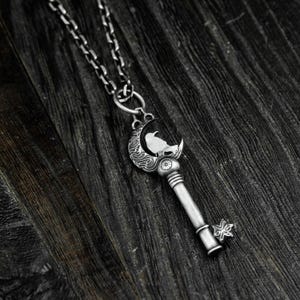 Sterling Silver Moon Crow Key Necklace - Key Pendant - Unisex Crow Jewelry for Him or Her - Sterling Silver Jewelry