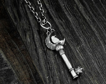 Sterling Silver Moon Crow Key Pendant Necklace - Unisex Jewelry