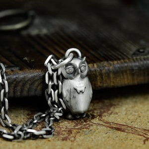 May include: A silver owl pendant necklace with a detailed design. The owl is perched on a silver chain.
