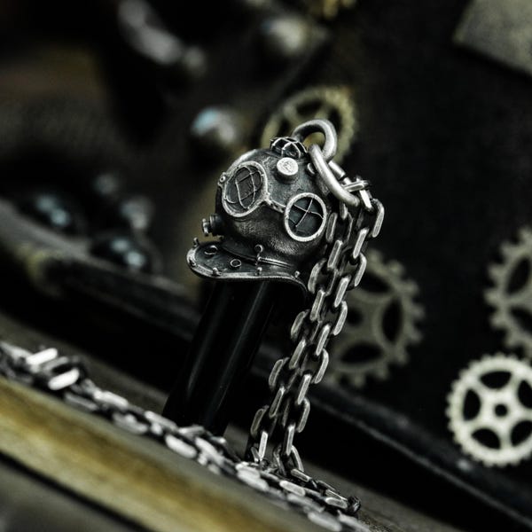 Diving Helmet Silver Cremation Pendant Necklace: Memorial Urn Jewelry