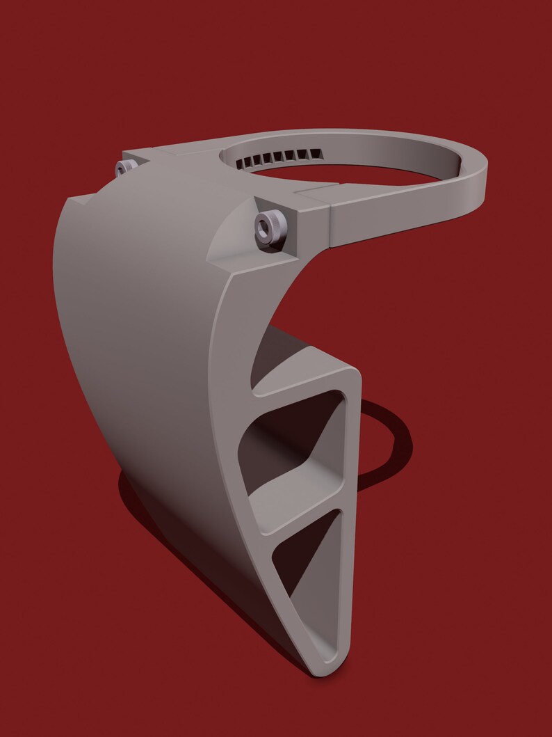 May include: A gray plastic 3D printed object with a circular opening at the top and a series of triangular cutouts on the side.