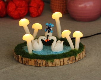 Couple White Swan Swimming Mushroom Lamp, Lawns and ponds Miniature landscape Night Light LN057