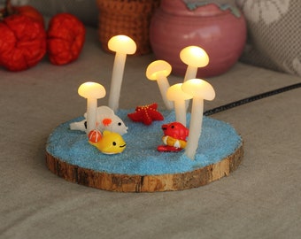 Handmade Blue Ocean Mushroom Lamp , Fish Starfish Dolphins Miniature landscape Night Light LN053