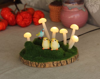 Super Cute Birds Mushroom Lamp , Natural Mountain Miniature landscape Night Light LN054